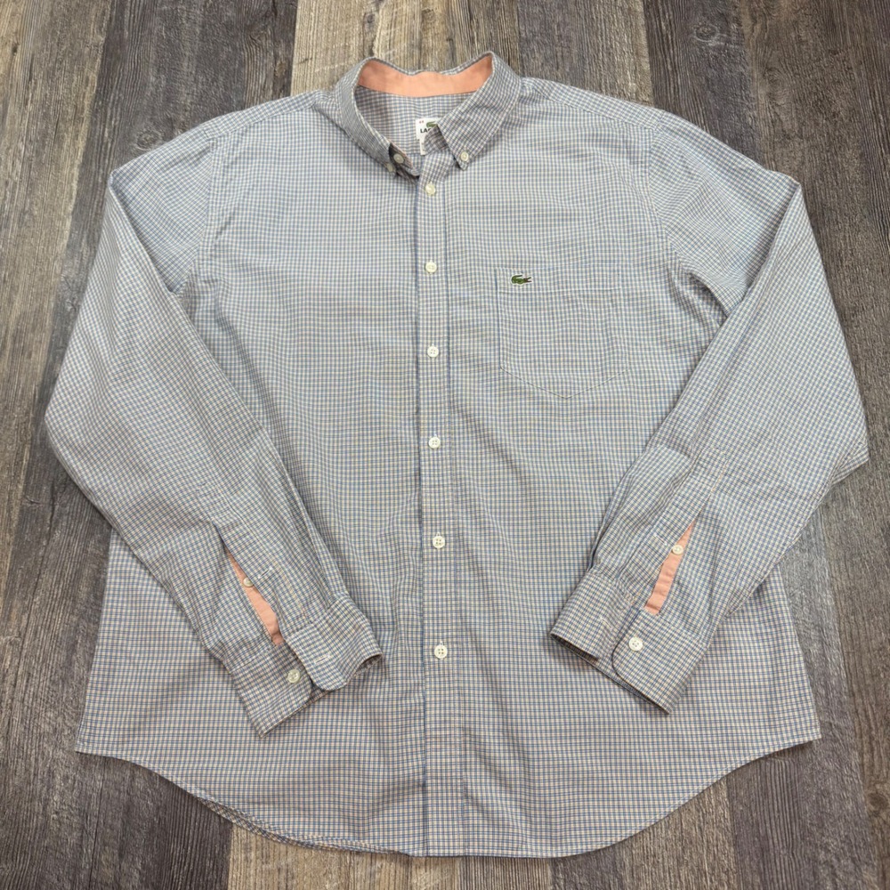 Lacoste Button Down Shirt Mens 44 Large Blue Orange Micro Check Regular Fit Logo